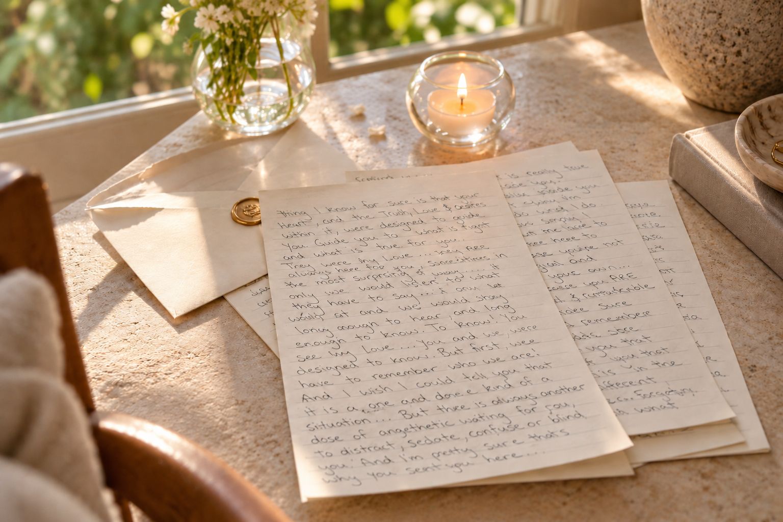 A handwritten letter and envelope on a sunlit desk by the window
