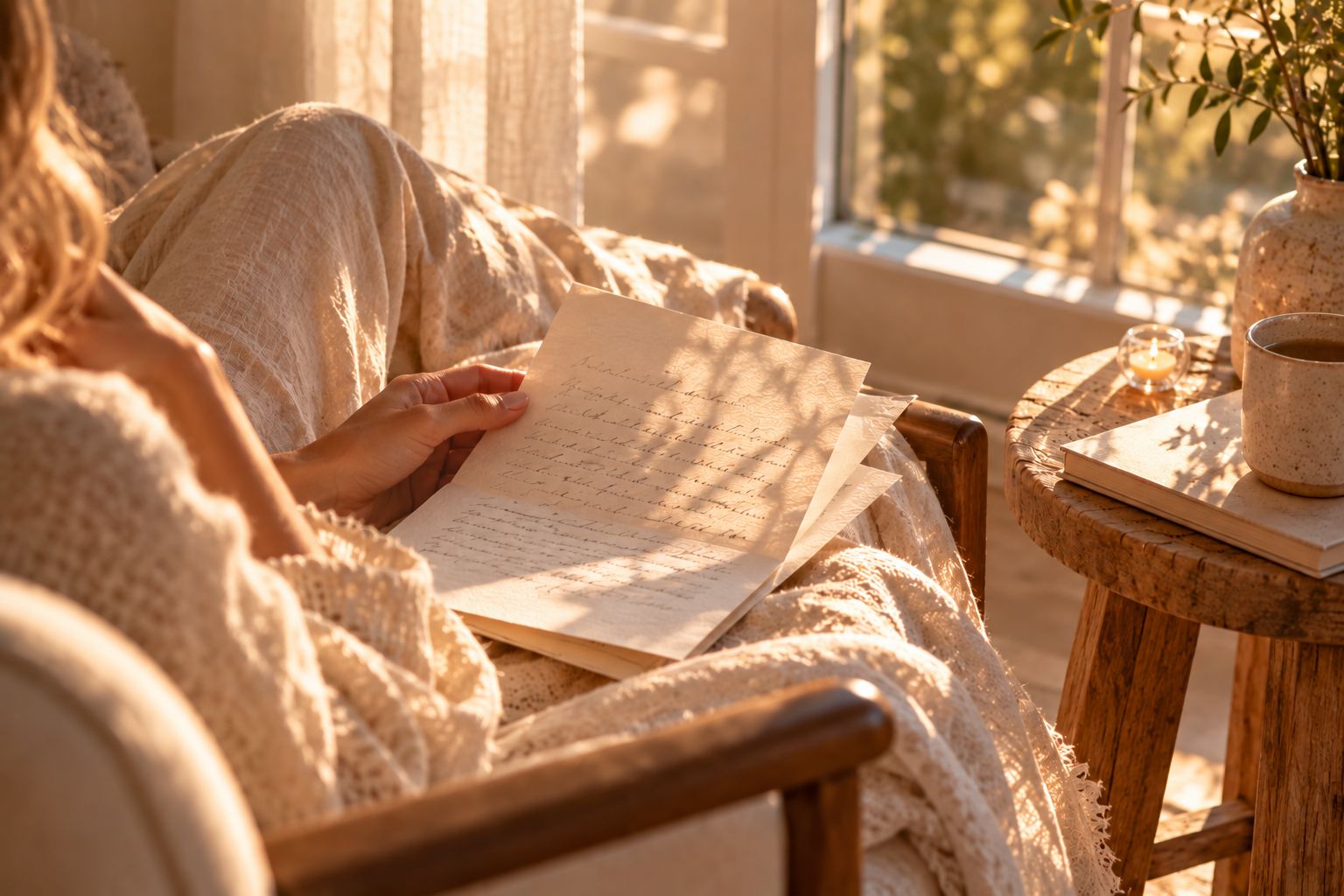 Woman sitting reading her letter in warm window light