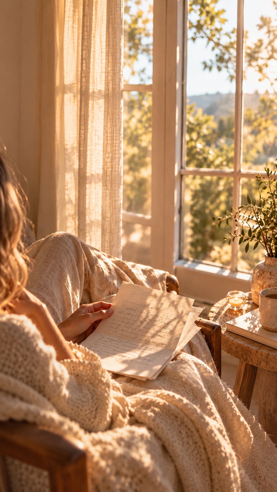 Woman reading a handwritten letter by a sunlit window at golden hour